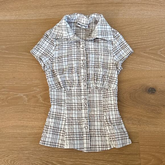 Princess Polly Tops - Princess Polly Short Sleeve Button Up Shirt Checks Cottesloe Size US 0 Cream